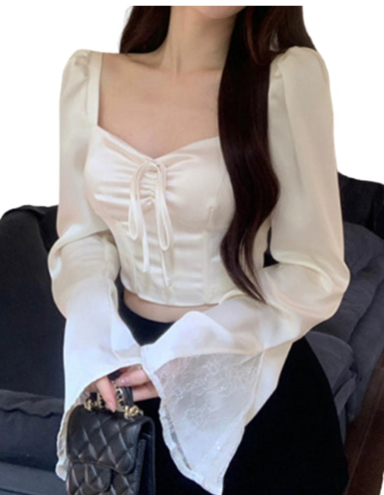 French Vintage Satin Square Neck Crop Top