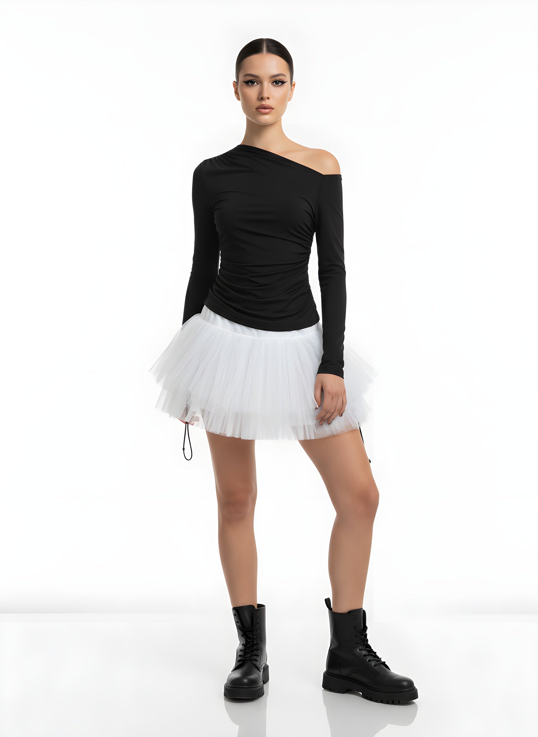 Shirred Off-Shoulder Long Sleeve T-Shirt