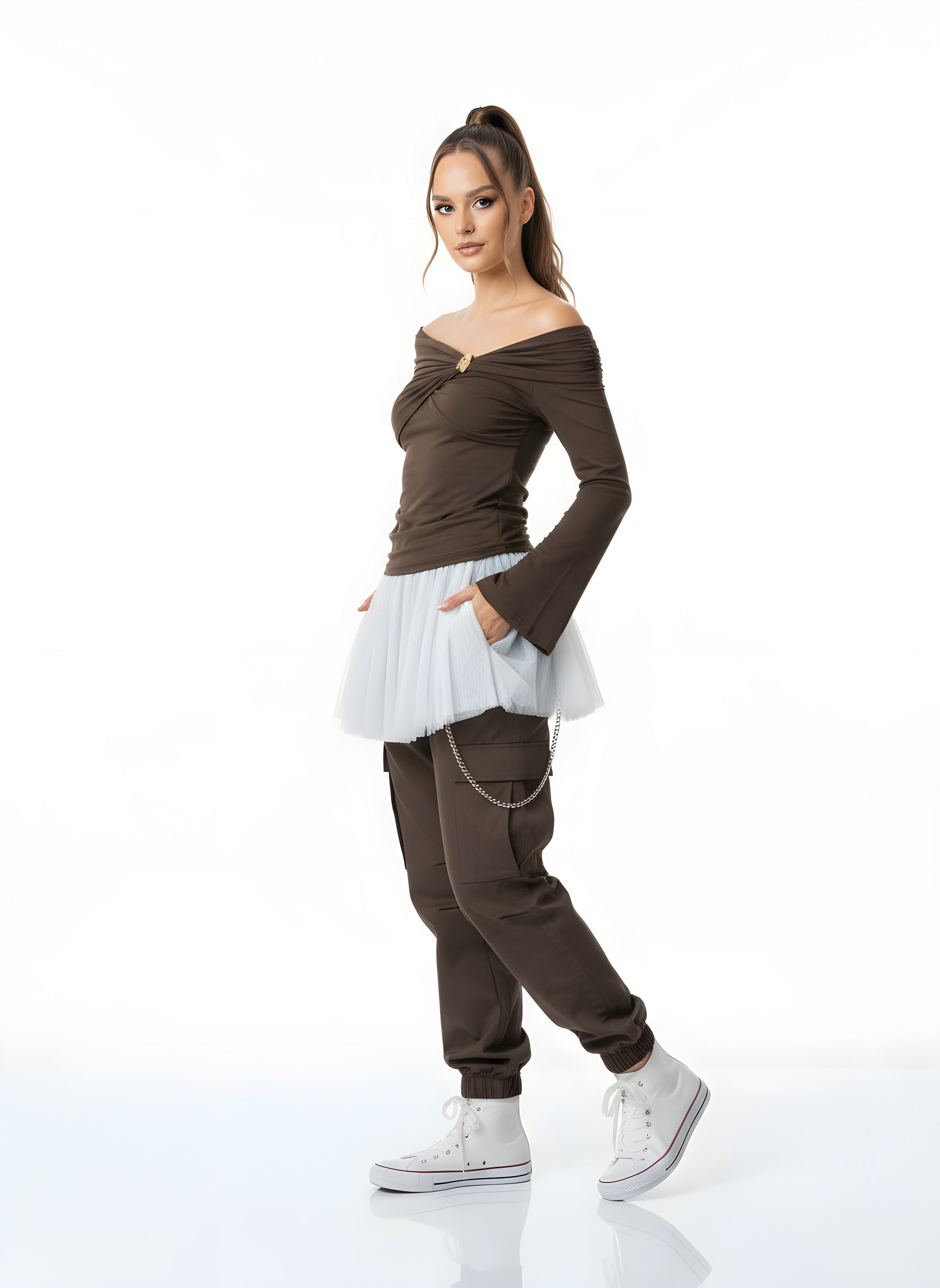 Sicily Metal Twist Off-Shoulder Long Sleeve Top