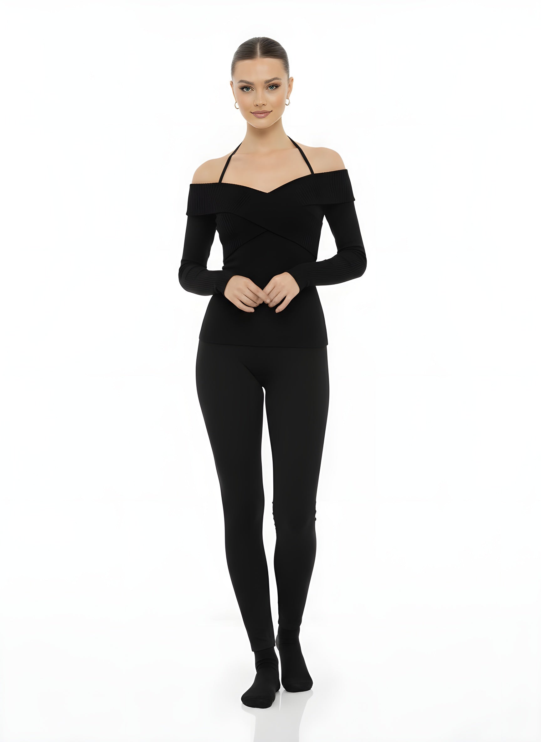 Off-Shoulder Halterneck Knit Sweater