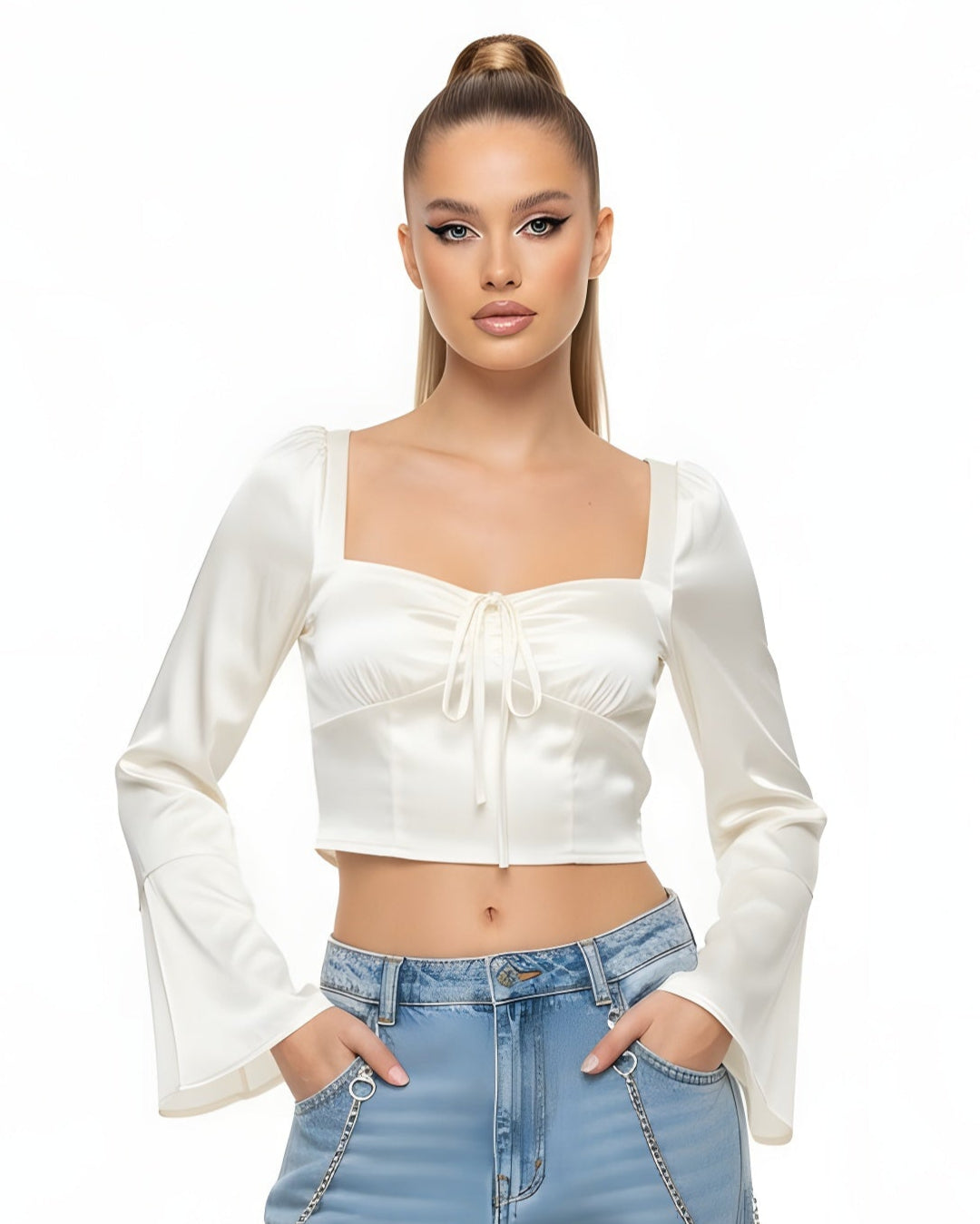 French Vintage Satin Square Neck Crop Top