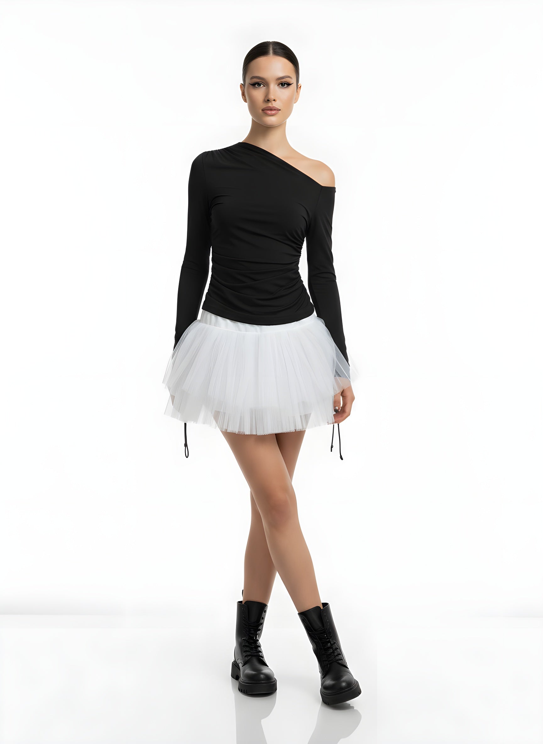 Shirred Off-Shoulder Long Sleeve T-Shirt
