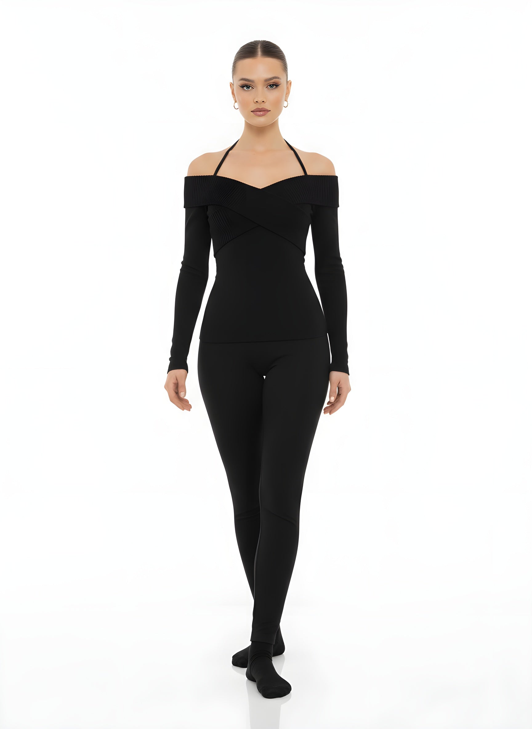 Off-Shoulder Halterneck Knit Sweater
