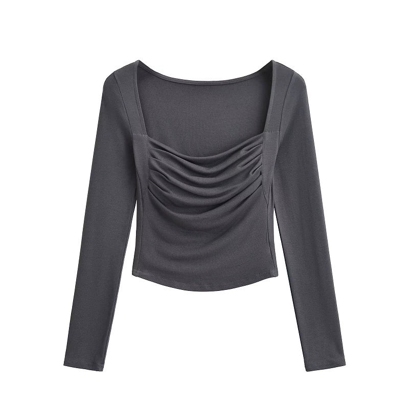 Sicily European and American style chest pads, square neck pleated long sleeve T-shirts, women's autumn new pure desire hot girl slim short top