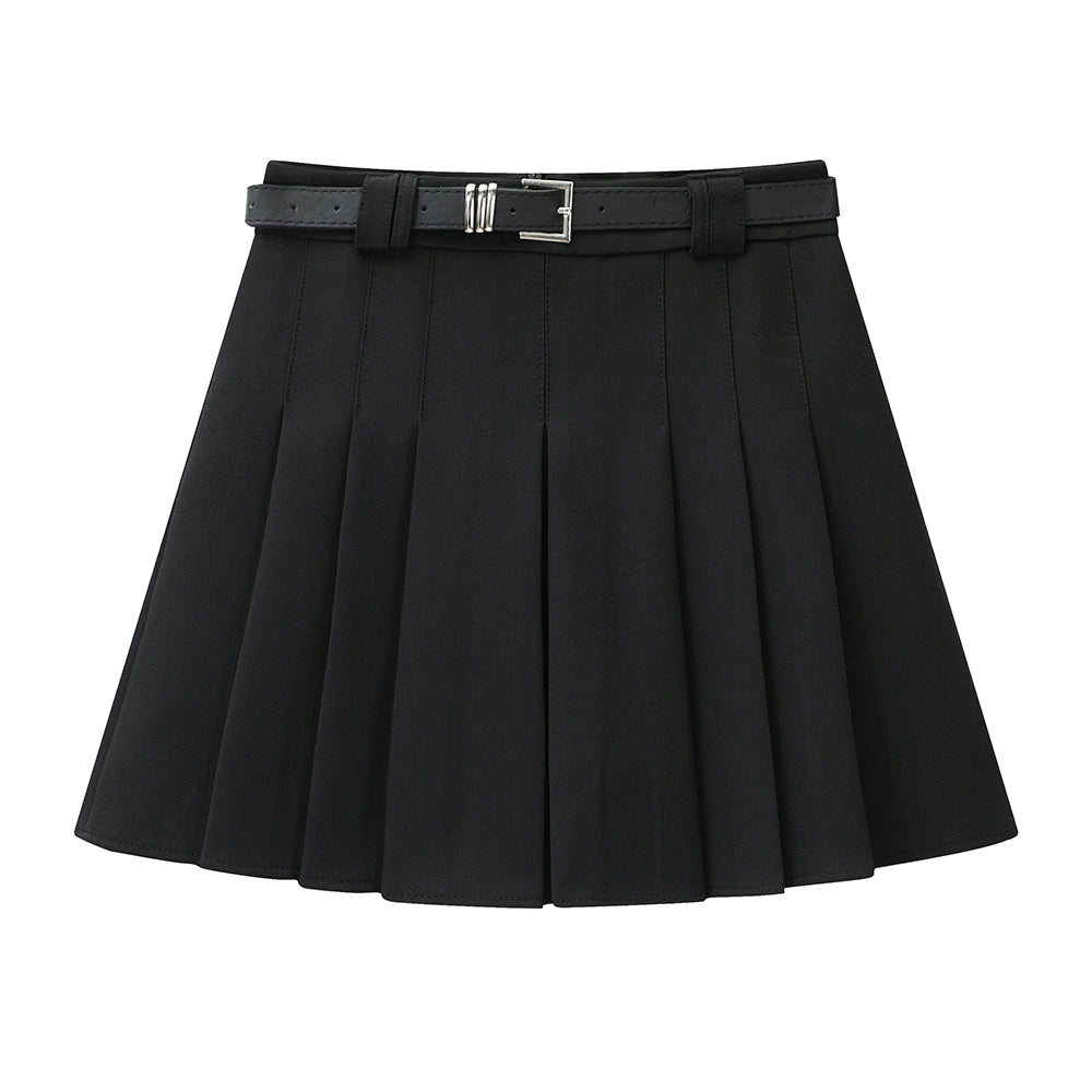 High Waist Pleated Skirt with Belt