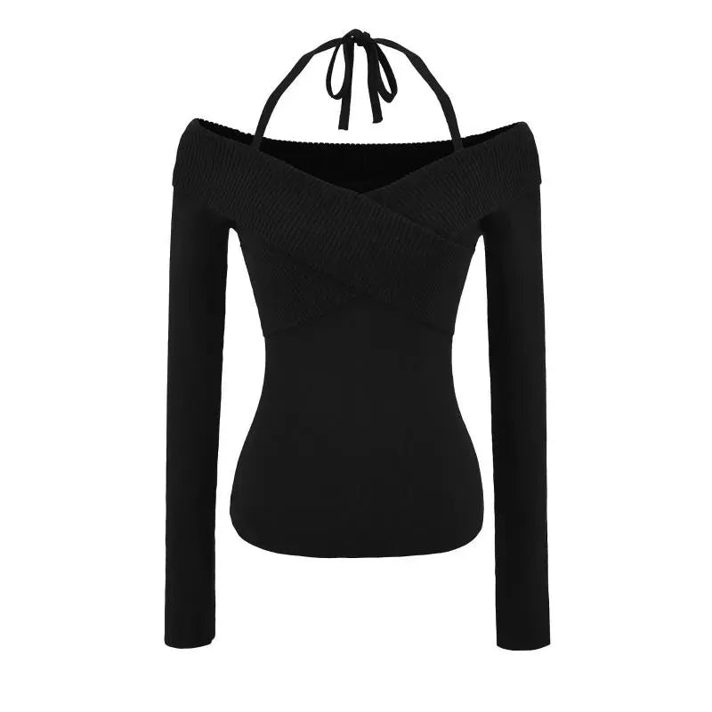 Off-Shoulder Halterneck Knit Sweater