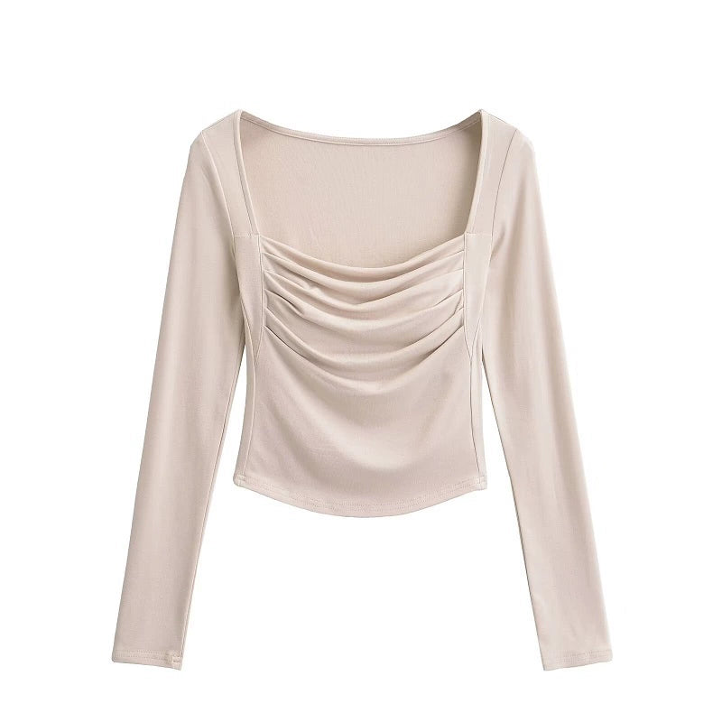 Pleated Square Neck Long Sleeve Top