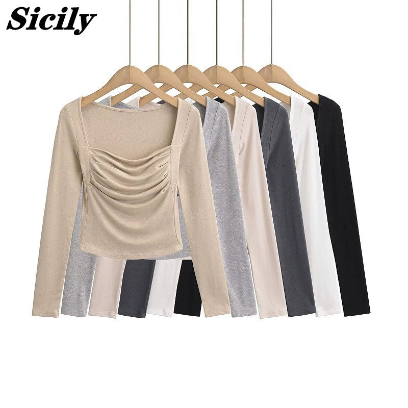Pleated Square Neck Long Sleeve Top