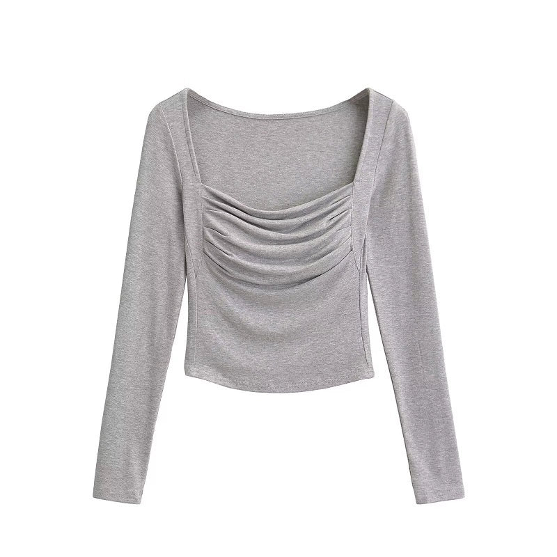 Pleated Square Neck Long Sleeve Top