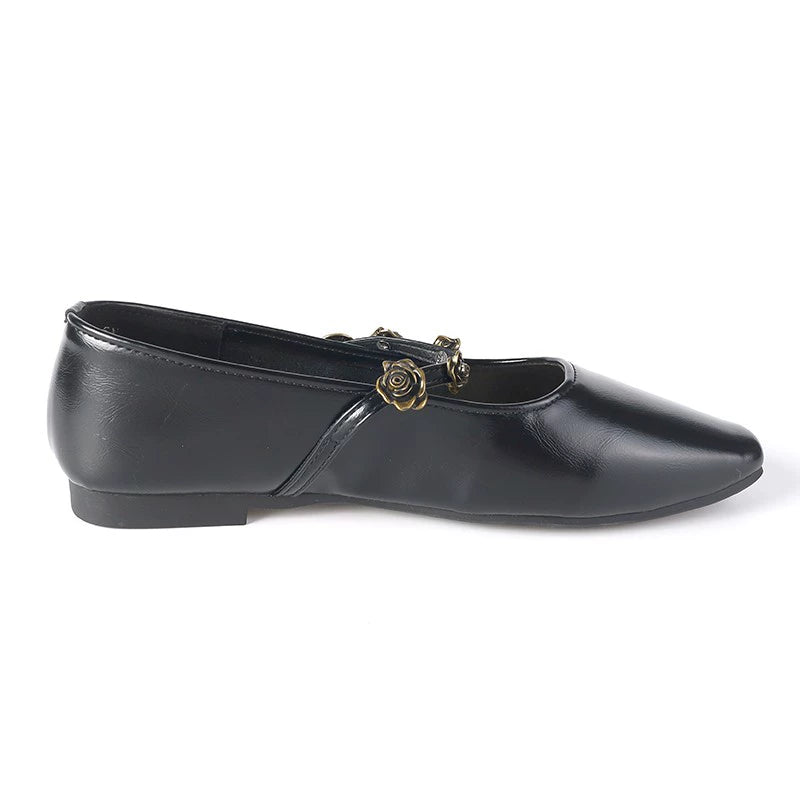 Rose Buckle Leather Mary Jane Flats
