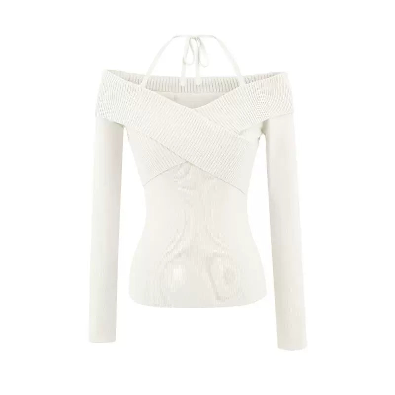 Off-Shoulder Halterneck Knit Sweater