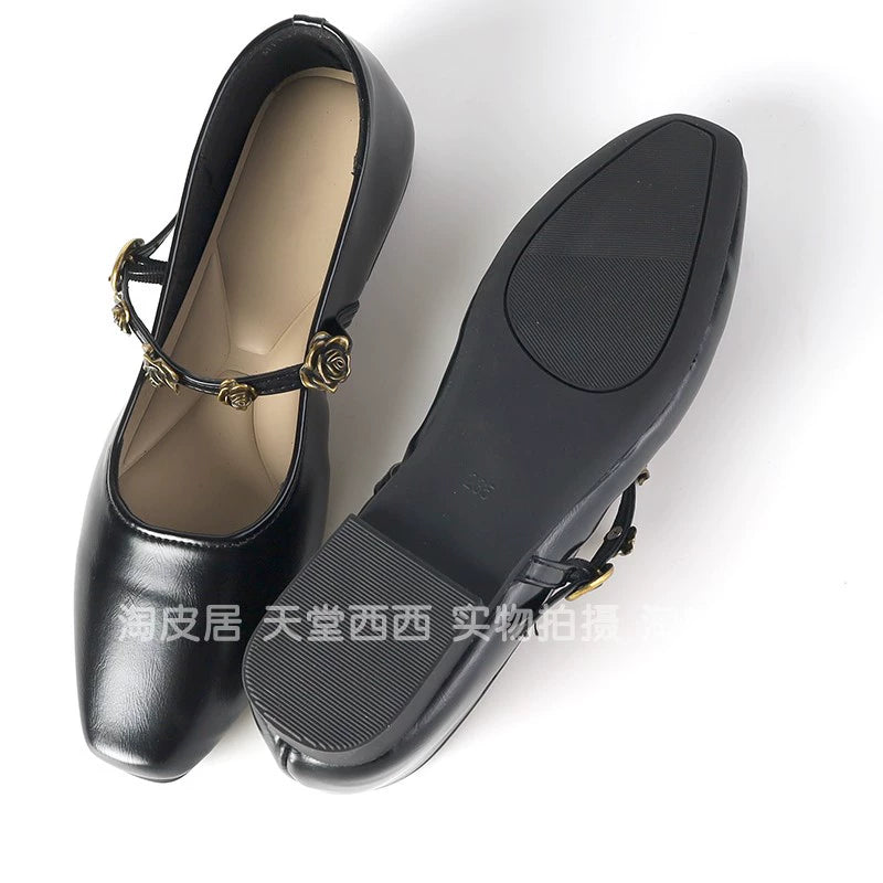 Rose Buckle Leather Mary Jane Flats