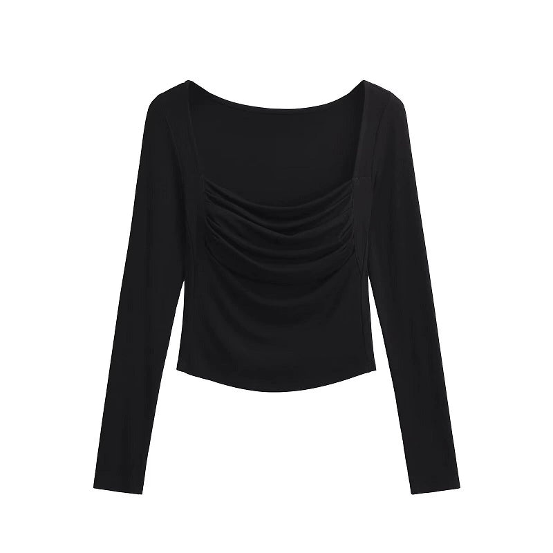 Pleated Square Neck Long Sleeve Top