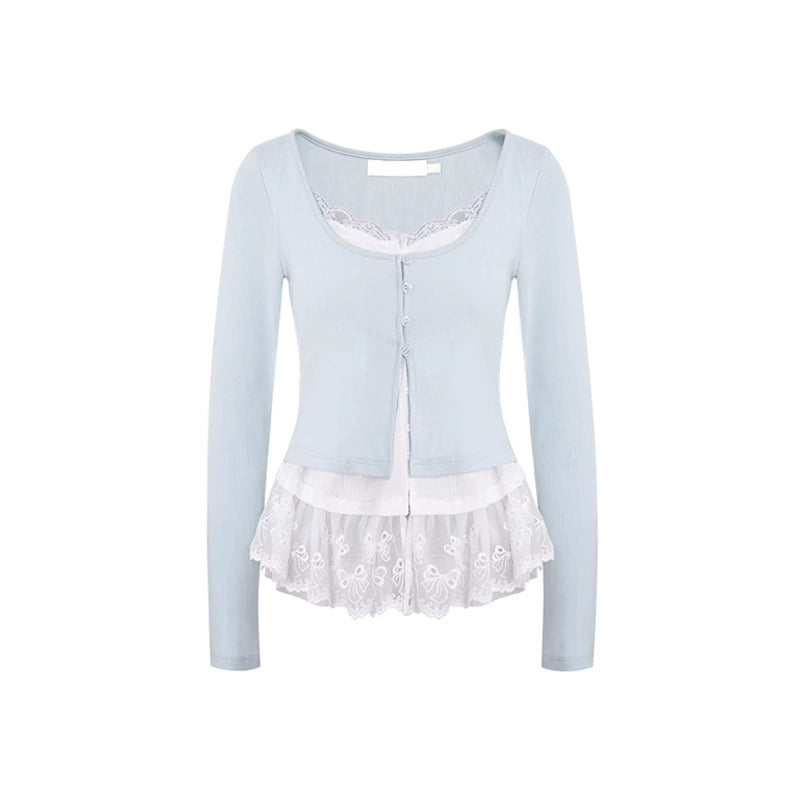 Coquette Lace-Trim U-Neck Cardigan