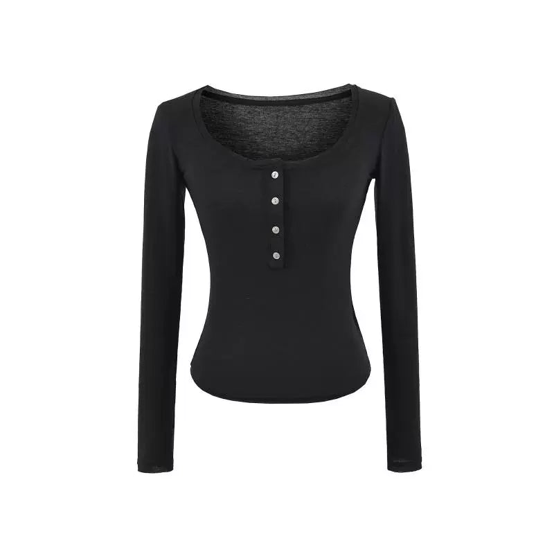Round Neck Buttoned Long Sleeve T-Shirt
