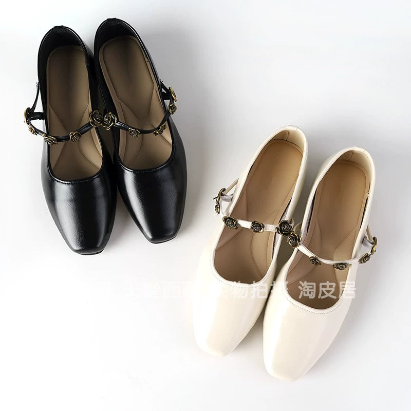 Rose Buckle Leather Mary Jane Flats