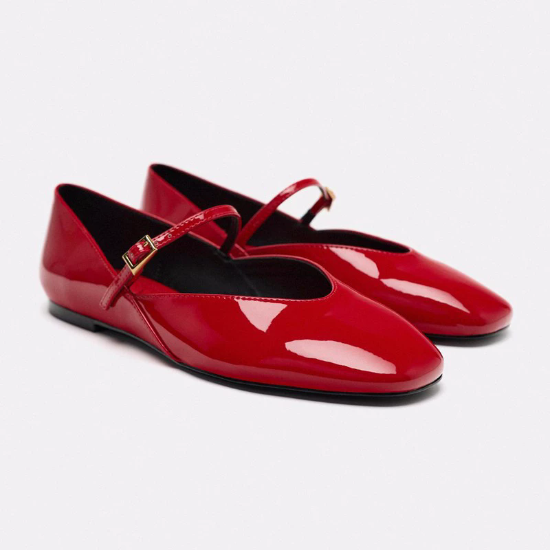 Glossy PU Strap Mary Jane Ballet Flats