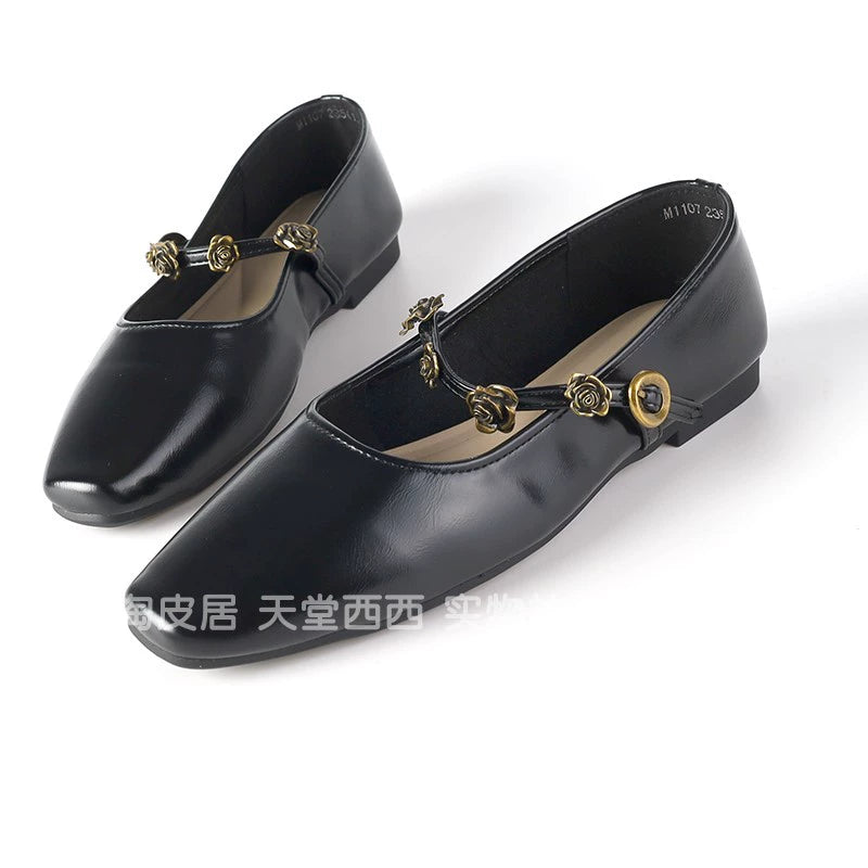 Rose Buckle Leather Mary Jane Flats