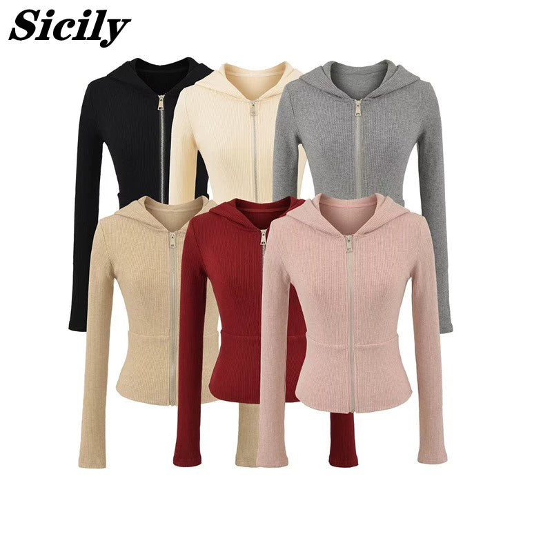 Hooded Zip-Up Ribbed Crop Jacket