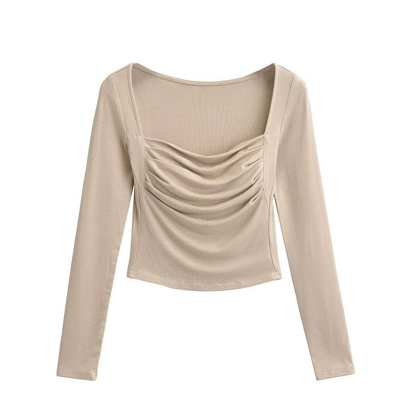 Pleated Square Neck Long Sleeve Top