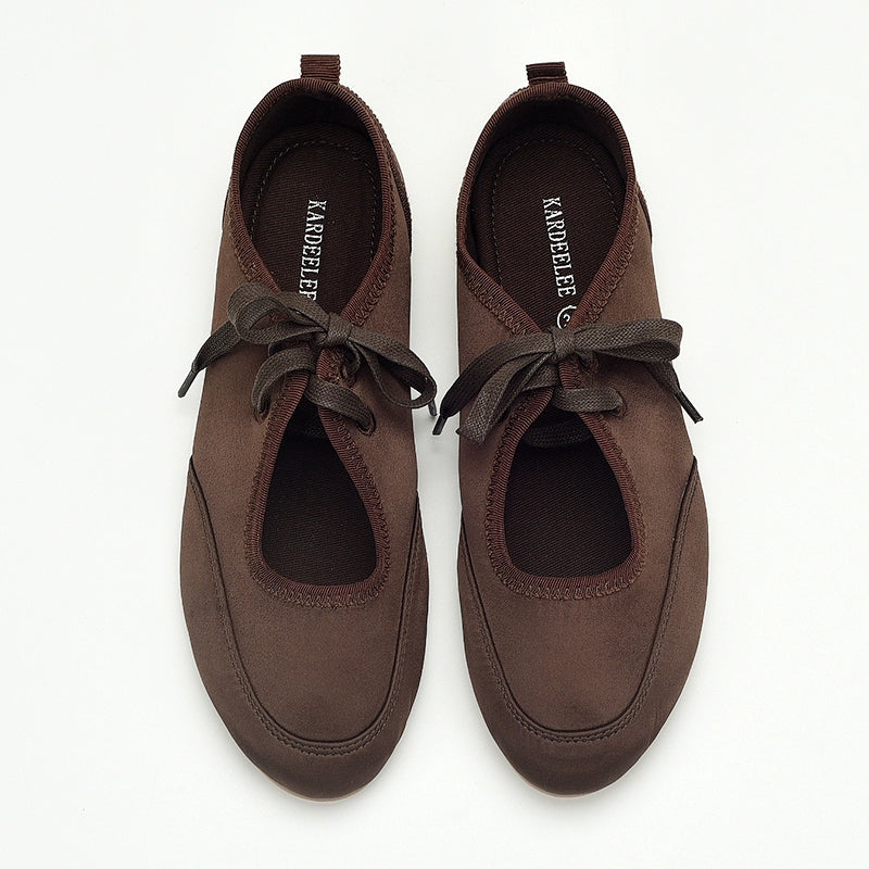 Brown Ribbon-Tie Ballet Flats
