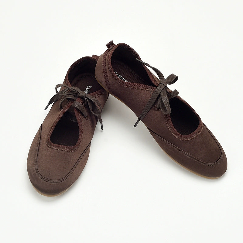 Brown Ribbon-Tie Ballet Flats