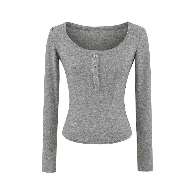 Round Neck Buttoned Long Sleeve T-Shirt