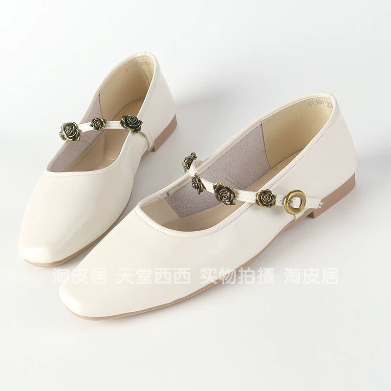 Rose Buckle Leather Mary Jane Flats