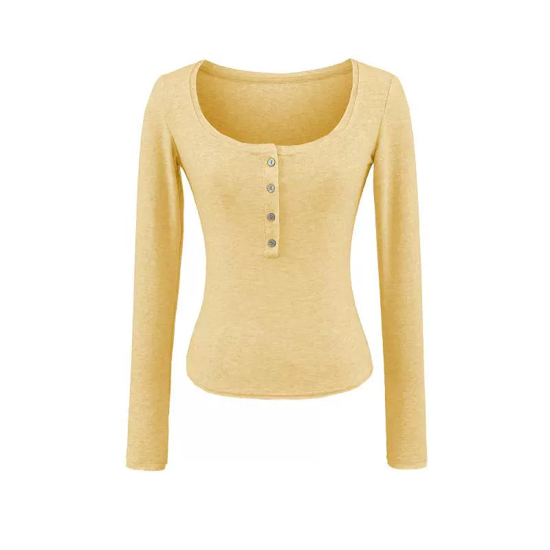 Round Neck Buttoned Long Sleeve T-Shirt
