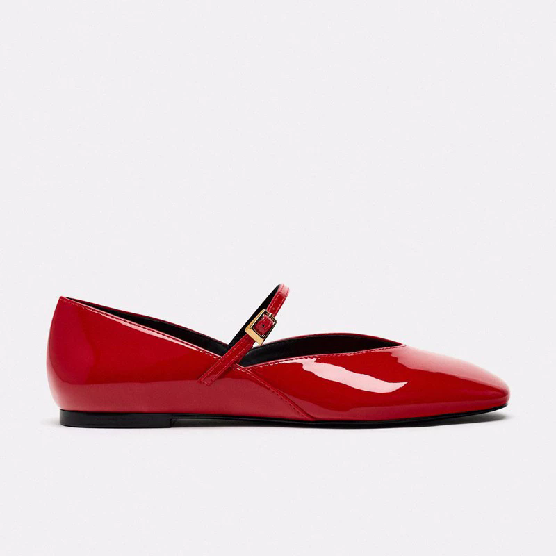Glossy PU Strap Mary Jane Ballet Flats