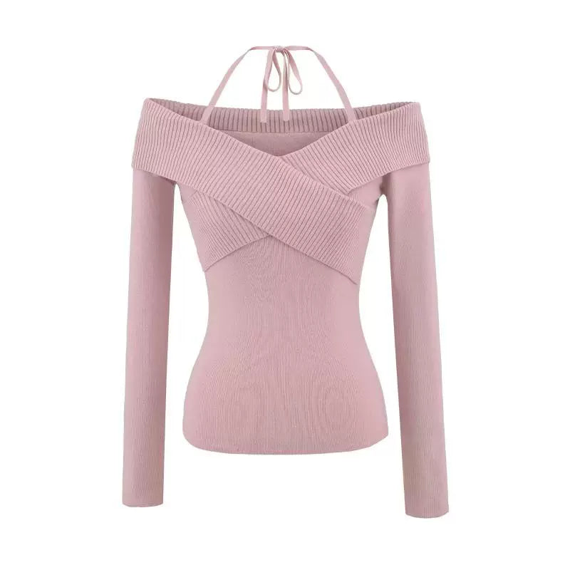 Off-Shoulder Halterneck Knit Sweater