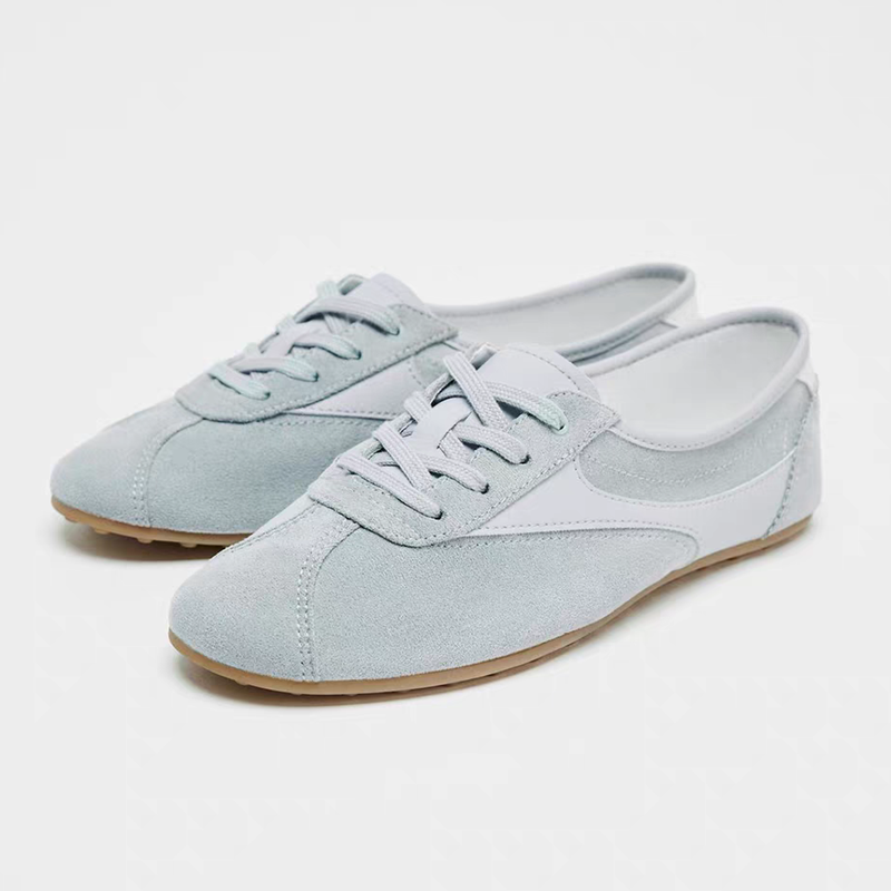 Blue Suede Patchwork Lace-up Flats