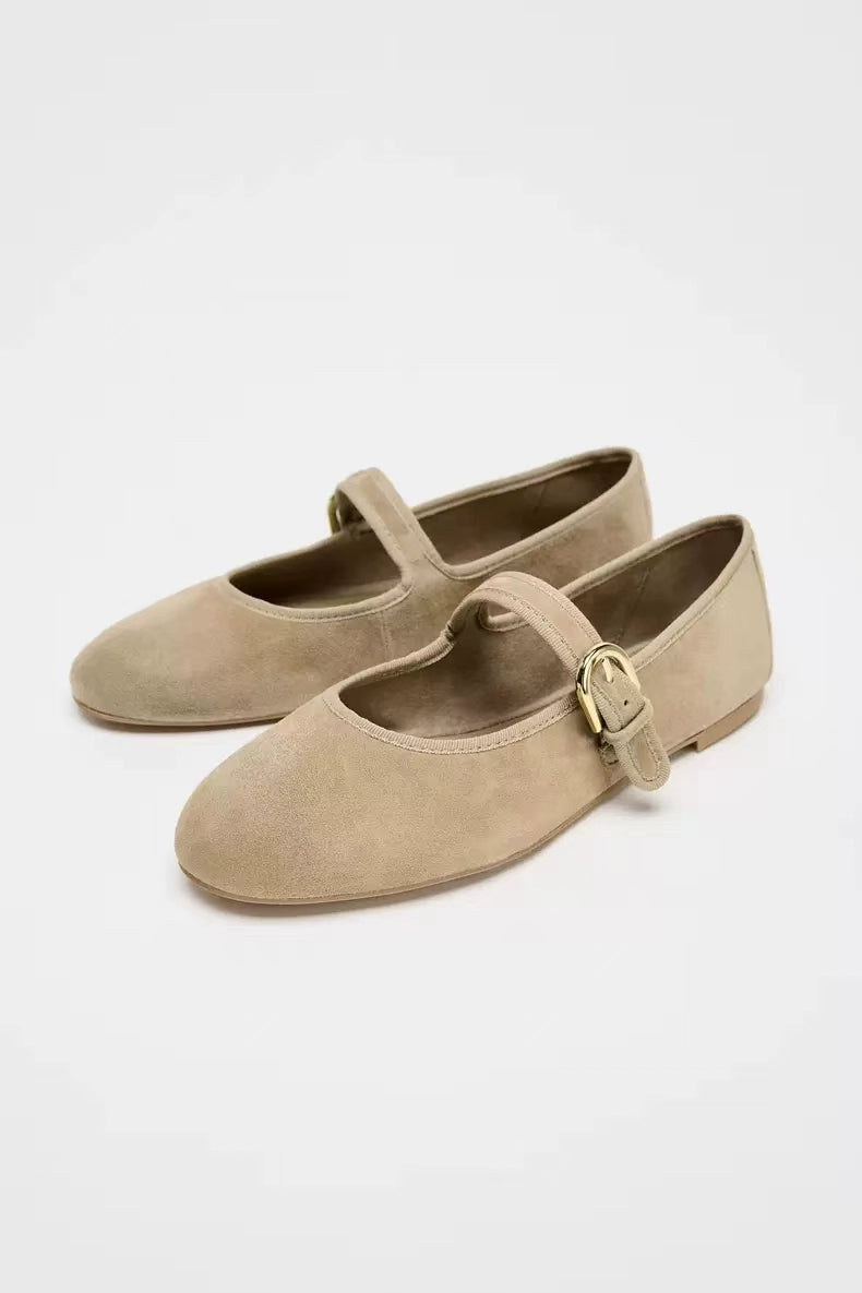 Brown Suede Buckle Ballet Flats