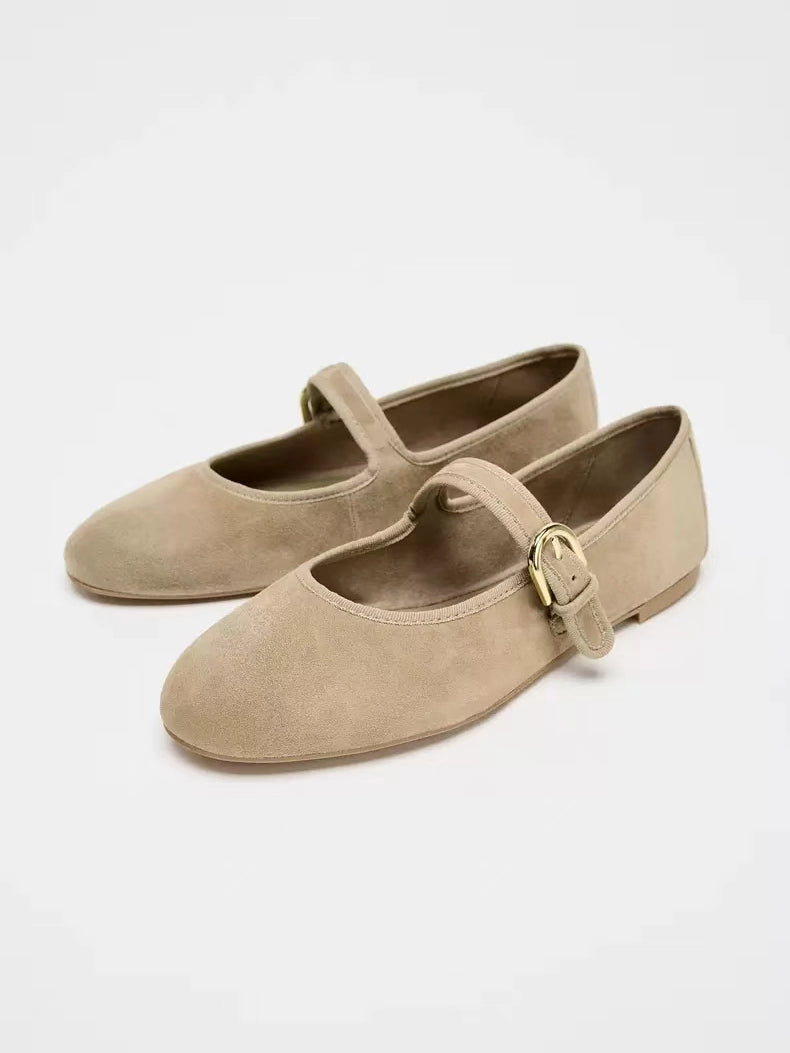 Brown Suede Buckle Ballet Flats