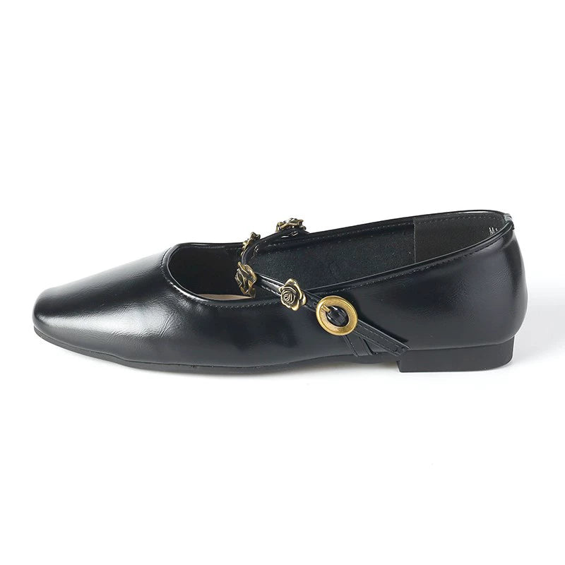 Rose Buckle Leather Mary Jane Flats
