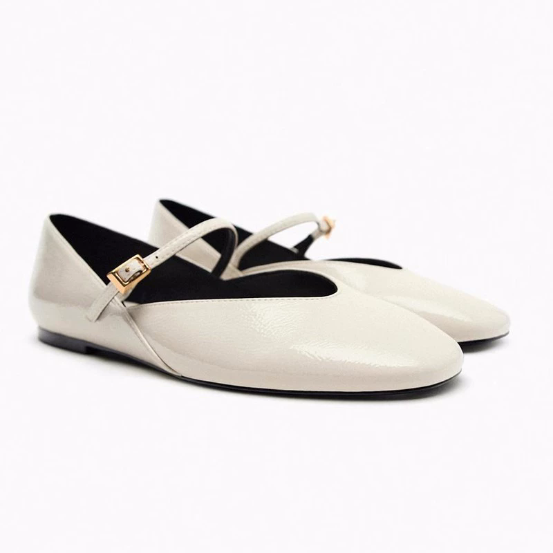 Glossy PU Strap Mary Jane Ballet Flats