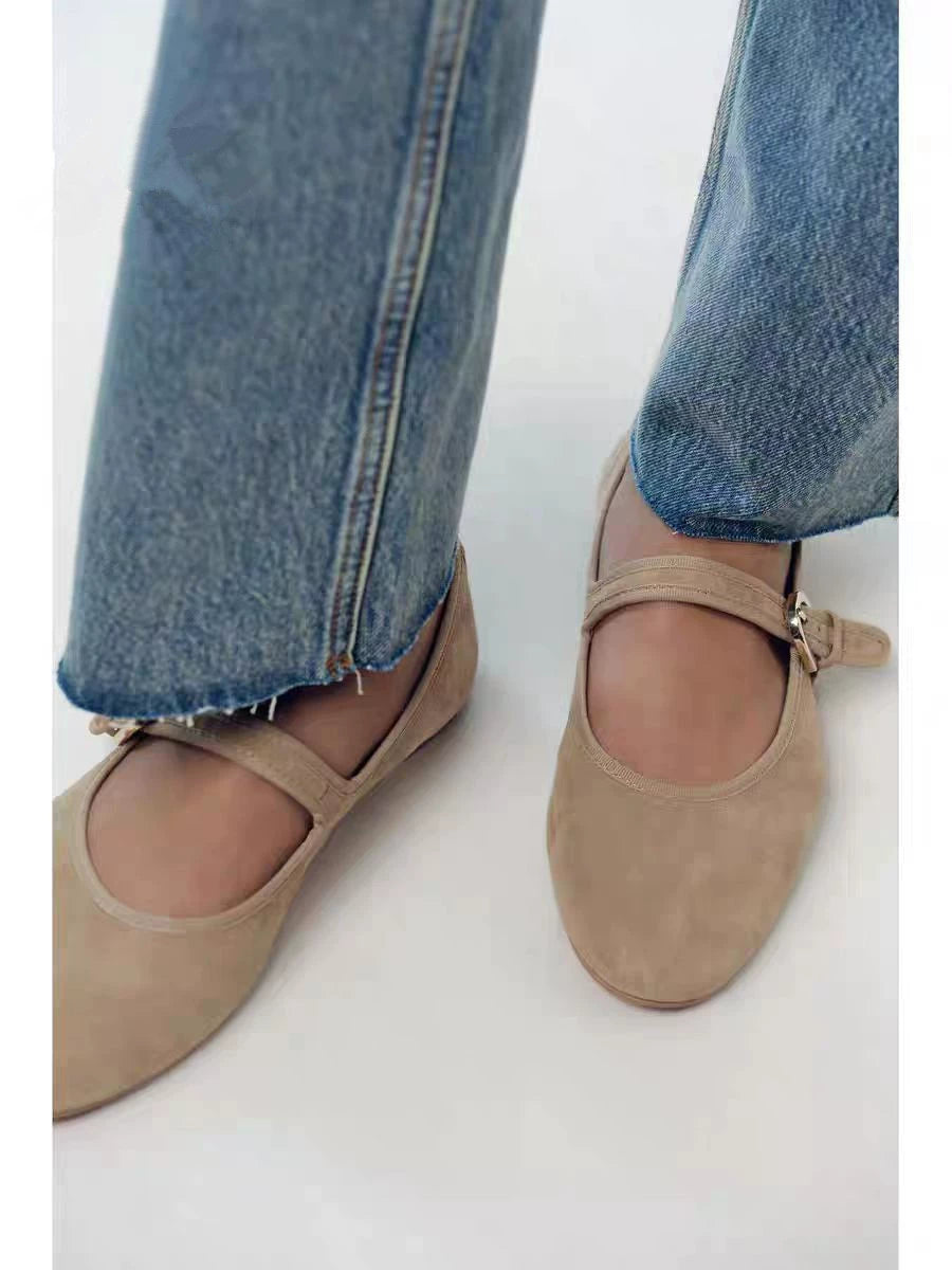 Brown Suede Buckle Ballet Flats