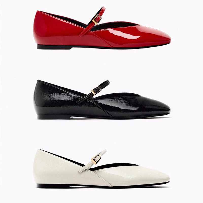 Glossy PU Strap Mary Jane Ballet Flats