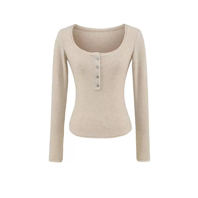 Round Neck Buttoned Long Sleeve T-Shirt
