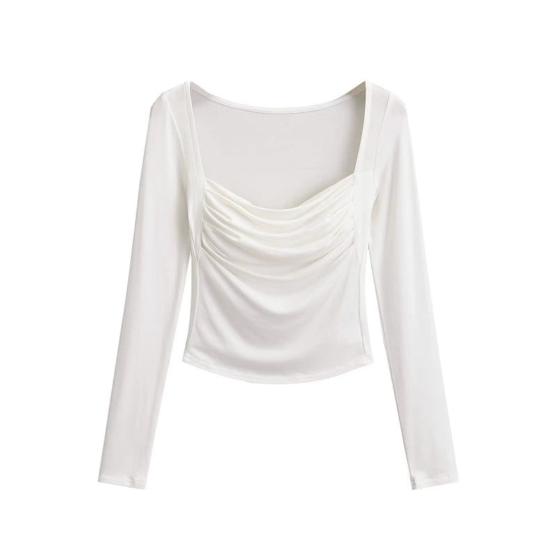 Pleated Square Neck Long Sleeve Top