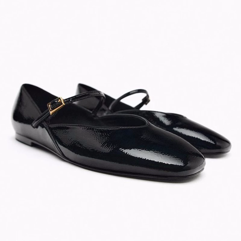 Glossy PU Strap Mary Jane Ballet Flats