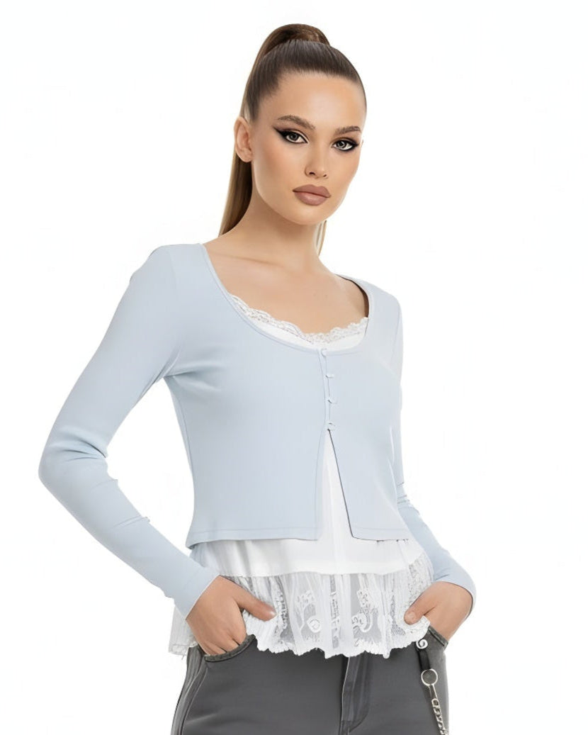 Coquette Lace-Trim U-Neck Cardigan