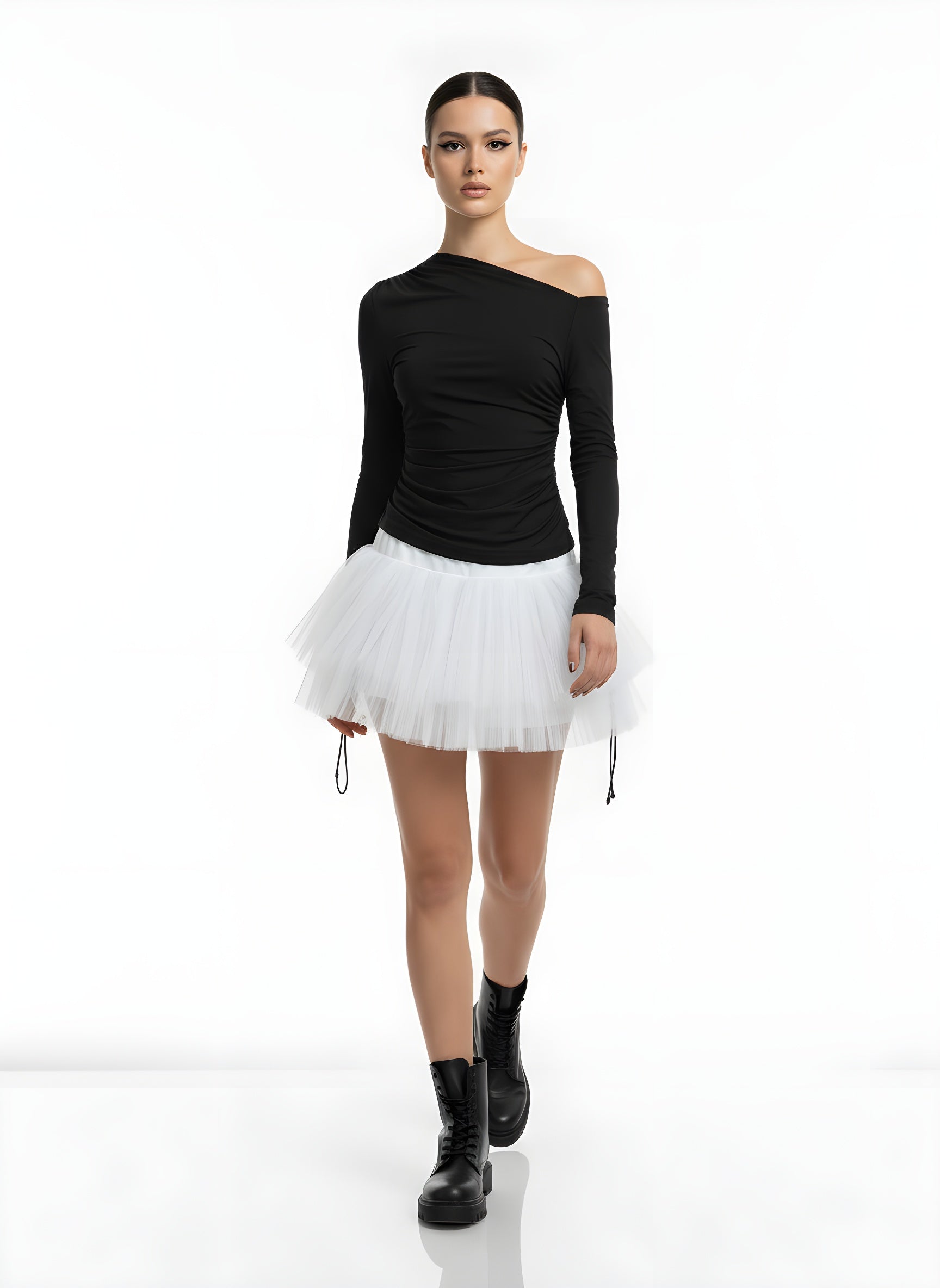 Shirred Off-Shoulder Long Sleeve T-Shirt