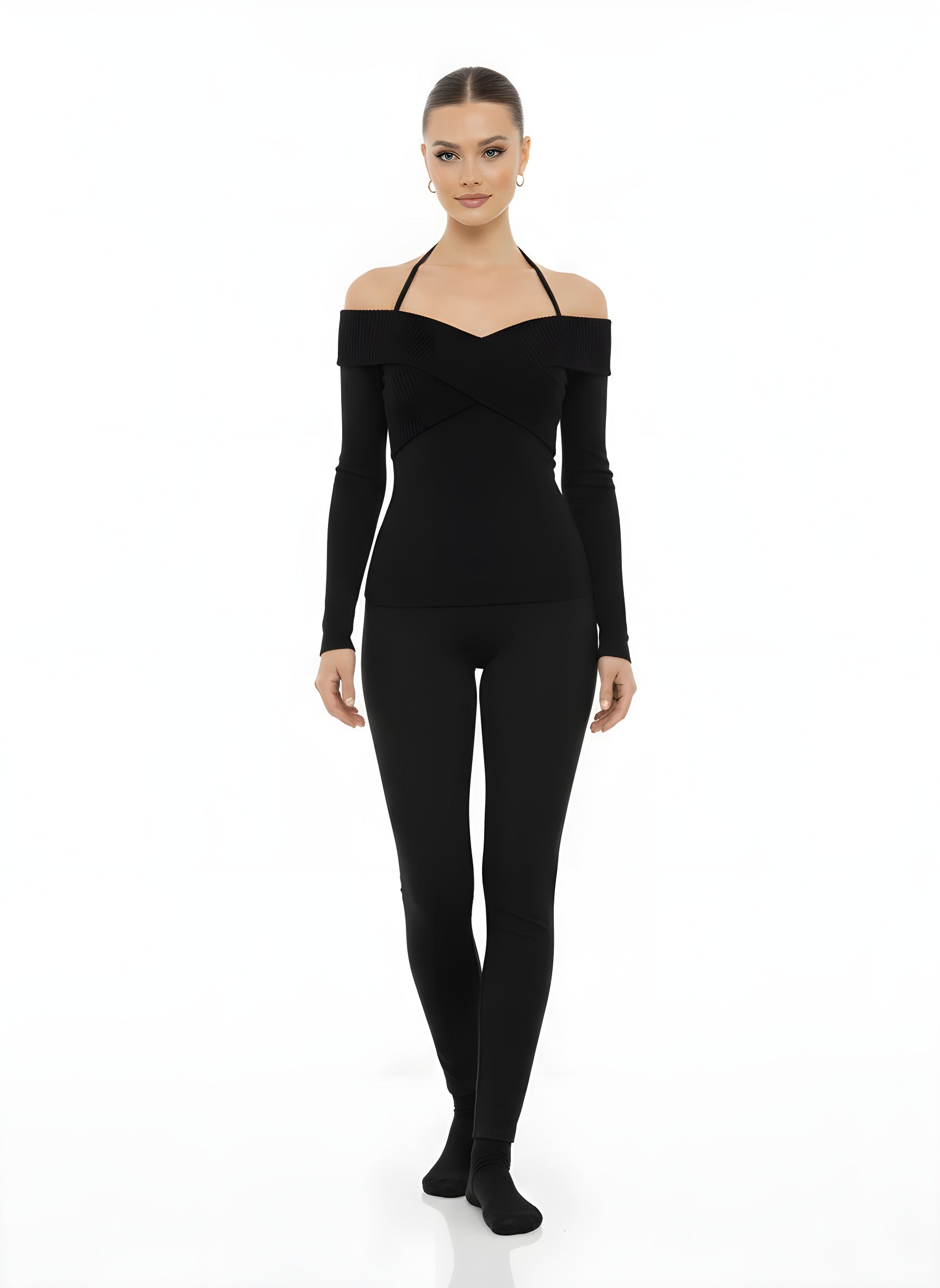 Off-Shoulder Halterneck Knit Sweater