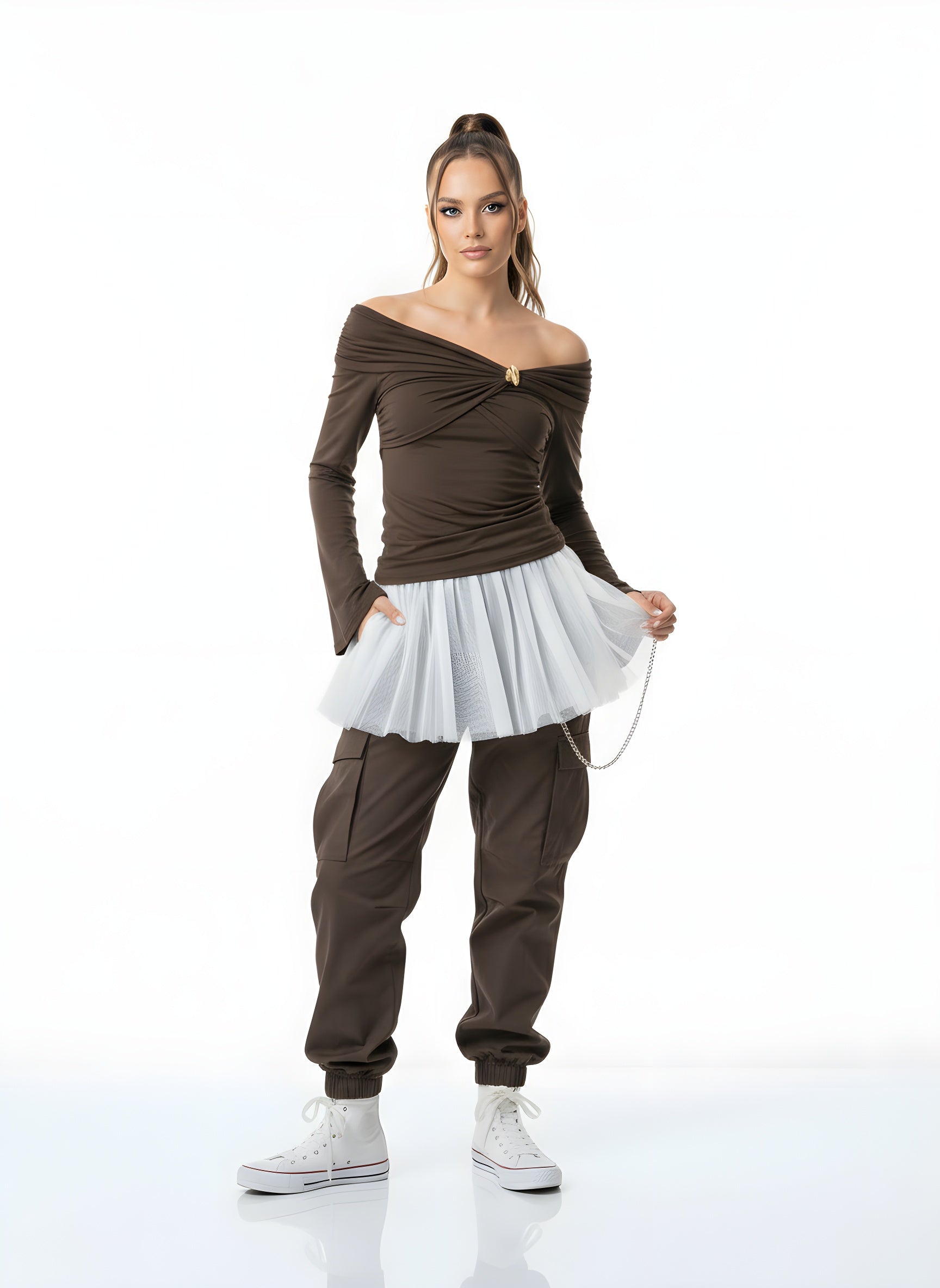 Sicily Metal Twist Off-Shoulder Long Sleeve Top